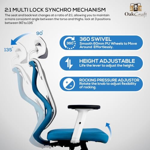 Image of Oakcraft Cyclone Ergonomic Office Chair with Multi-Lock Tilt, Seat Slider, Dynamic Lumbar Support, 4D Adjustable Armrests, 2D Headrest, Breathable Mesh High. (Blue, Hurricane)