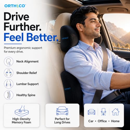 Image of Memory Foam Car Neck Pillow & Lumbar Support Combo | Ergonomic Car Headrest Neck Rest & Back Support Cushion for Driving, Office Chair & Travel | Black | Pack of 1