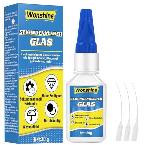 Glaskleber Transparent Stark Wasserfest, Sekundenkleber Glas mit Anti-Trocknungsspitze, Kleber für Glas, Acrylglas, Kunst, Spiegel, Kristall und mehr, 30 g
