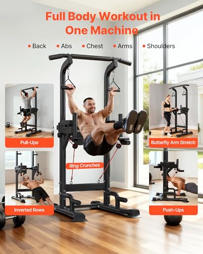 Image of VEVOR Pull Up Bar, 330 LBS Power Tower Dip Station, Workout Dip Station with H-Shaped Stable Base & Back Pad, Adjustable 12 Level Height Free Standing Chin Up Bar for Back, 4-Level Adjustable Back Pad