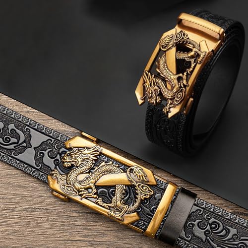 Luxury Men's Belts Engraved Vintage Dragon Head Automatic Buckle Alloy, Leather Men Waist Strap, Slide Easier Adjustable Belt, Cut To Fit, Men Dress Casual Ratchet Belt3