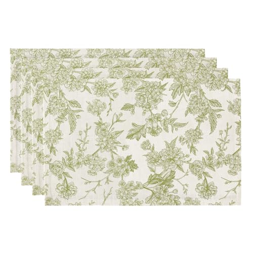 QIYI Boho Placemats Set of 4, 12x18 Inch Linen Fabric Floral Place Mats for Kitchen Dinning, Farmhouse Rustic Cloth Table Mats, Washable Placemat Party Table Décor, Green Botanical Art