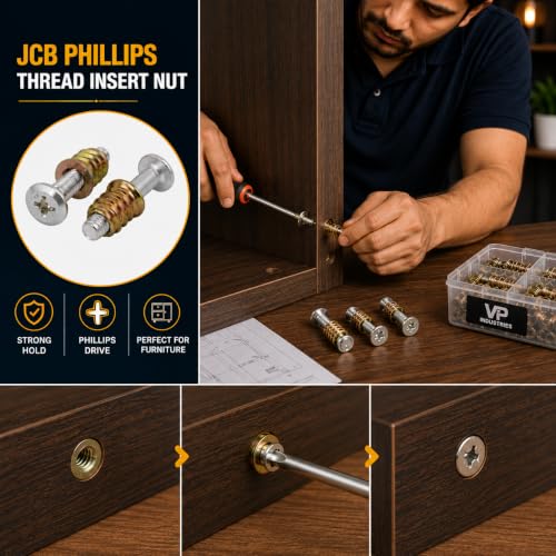 Image of By VP INDUSTRIES (Combo - 10 Pcs) M6x20 JCB Philips Screw Thread Insert Nut | M6x20 JCB Philips screw with thread insert nut for furniture, wood boards, cabinets, chairs, beds and DIY projects.