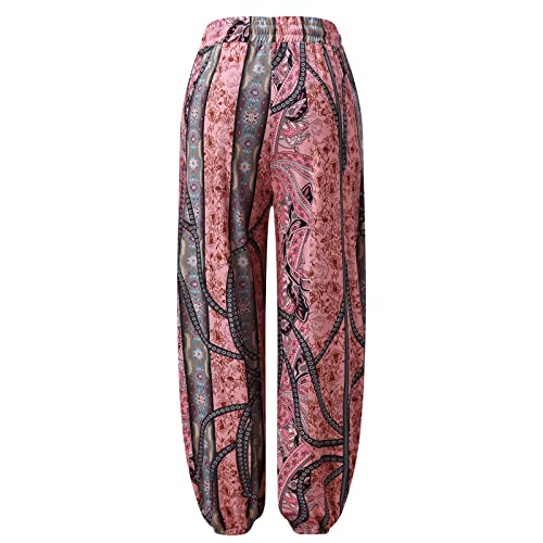 Women's Casual Summer Harem Pants Floral Printing Beach Pants Long Trousers Breathable High Waist Boho Pants With Pockets,Wide Leg Linen Pants For Women,Linen Pants For Women #TOP3