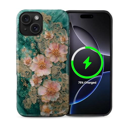 Coque iPhone 15 motif floral dentelle idée cadeau design or rose et encre verte