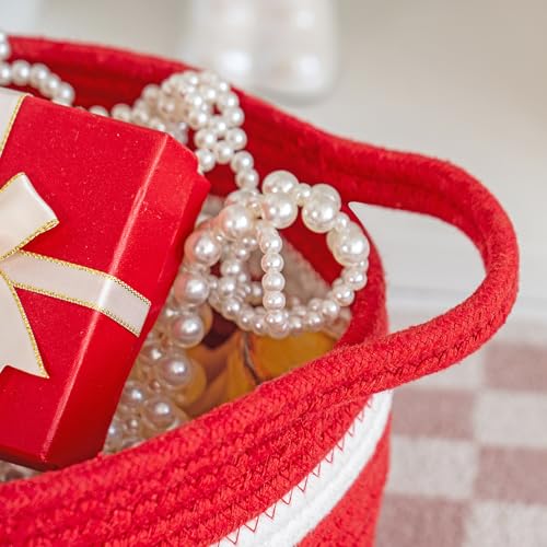 Image of Gift Baskets Empty, Small Woven Rope Storage Basket with Bow and Ribbons and Gift Wrap, Bowknot Decorative Gifts Basket with Handles, DIY Storage Organizer Basket for Wedding Graduation, Red