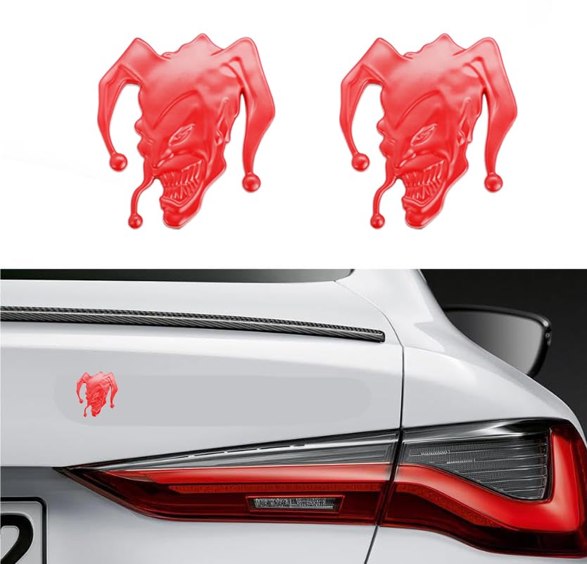 Image of 2pcs 3D Evil Jocker Emblem Jester Badge Metal Cast Clown Skull Side Fender Rear Trunk Car Sticker Decal (Red)