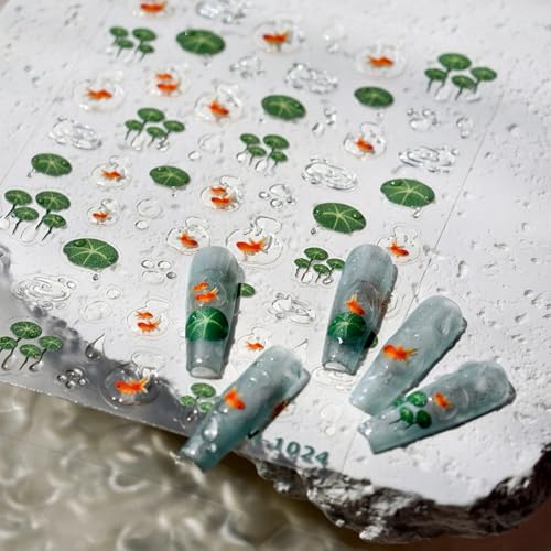 Image of 5D Embossed Goldfish Nail Stickers with Water Droplets Design Self-Adhesive Lotus Leaf Nail Art Decals for Women Manicure Decorations Supply