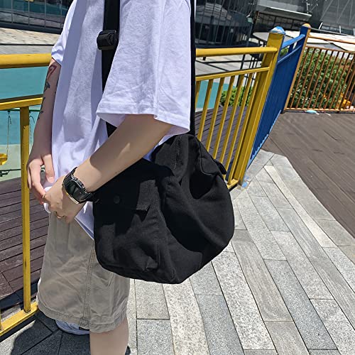 Bolsa transversal de ombro de lona macia moda feminina masculina bolsas de grande capacidade, Preto