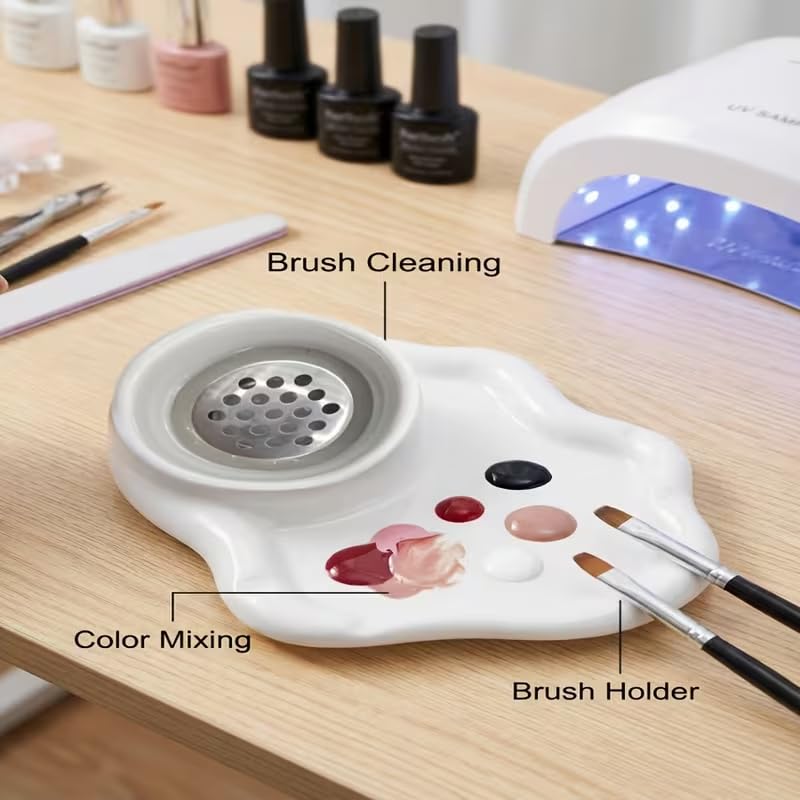 2-in-1 Ceramic Nail Art Brush Cleaner & Palette, Professional Manicure Brush Cleaning Cup with Removable Stainless Steel Filter & Mixing Palette for Gel Polish & Acrylic Painting image 5