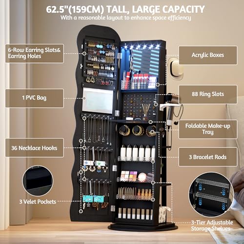 LVSOMT LED Schmuckschrank mit Gewellt Spiegel, 360° Drehbarer Schmuckschrank Abschließbar, Bogen Spiegelschrank Stehend Wohnzimmer Schlafzimmer, 3 Regal & 3 Häkchen, Geschenke für Damen, Schwarz