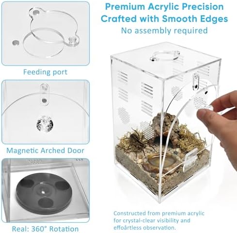 YINGXUN 360 Rotating Acrylic Reptile Enclosure, Pre-Assembled Arboreal Terrarium for Jumping Spiders & Tarantulas, Clear Habitat with Integrated Turntable, 4.3x4.3x7.5 - 2