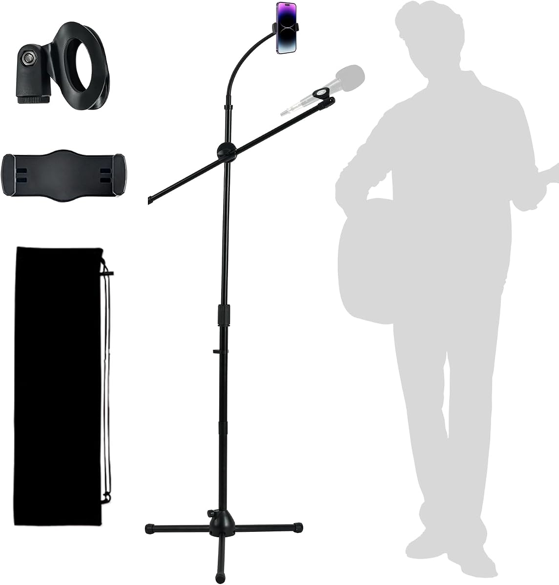 Soporte de piso para micrófono, soporte de piso para micrófono con soporte para teléfono, altura ajustable, trípode resistente, soporte estable con brazo articulado, soporte para dispositivo dual para transmisión, podcasting, grabación y presentaciones en vivo