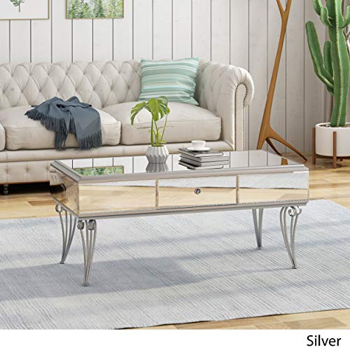 Ophelia Modern Mirrored Coffee Table With Drawer, Tempered Glass, Silver Iron Frame #TOP2