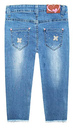KIDSCOOL SPACE Kids Flowers Butterfly Rhinestone Sticked Pearl Decor Jeans Slim Jeans, Azul, 5-6 ano