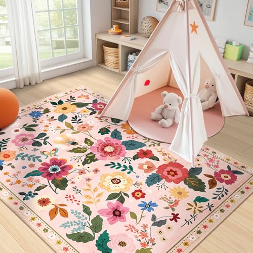 Floral 3x5 Area Rug Machine Washable Soft Print Boho Carpet Non Slip Doormat Low Pile Flower Area Rugs for Living Room Bedroom Nursery Kitchen Dining Room Indoor-Pink