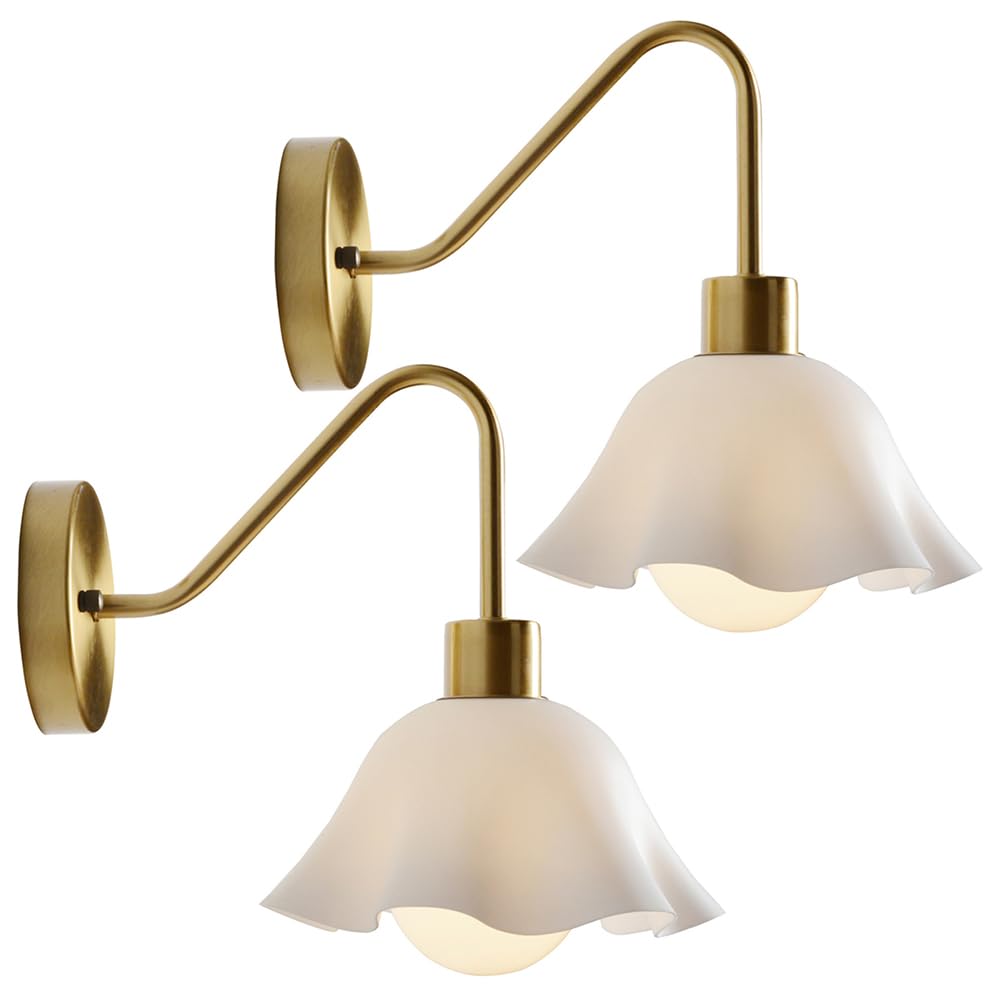JYBNBBE Wall Sconces Modern Metal White Shade Acrylic Shade Bathroom E27 Base Wall Lamp for Living Room Dining Room Kitchen Hallway Stairway,Gold-2-Pack