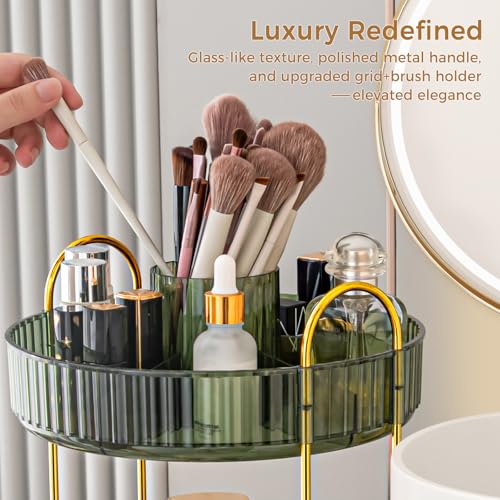 Image of 360 Rotating Makeup Organizer, Upgraded 2 Tier Skincare Perfume Organizers for Women, Bathroom Organizer Countertop, Clear Cosmetic Dresser Organizer with Makeup Brush Holder, Sink&Counter (Green)