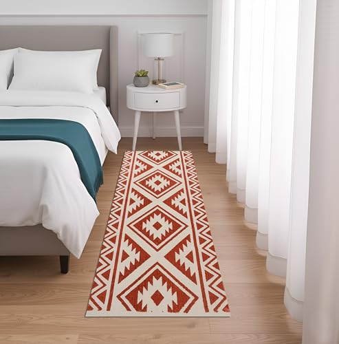 Image of SAGON 2x5 Ft Printed Runner Carpet - Cotton Bedside Rug for Bedroom & Living Room (Vine Zig Zag)