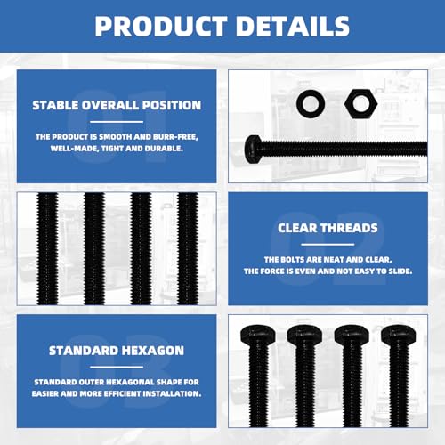 Image of 24Pcs (8 Sets) M10 x 150mm Hex Head Screw Bolt with Nuts Flat Washers, M10-1.5, 6 inches Long Hex Bolts Screws, Carbon Steel Grade 8.8, Machine Full Thread Hexagon Head Bolts, Black Oxide Finish