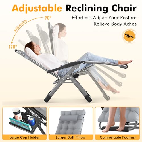 Image of Slendor Oversized Zero Gravity Chairs XL,29in Padded Reclining Chair, Black | Recliner Lounge Chair, Folding Anti Gravity Chairs w /Aluminum Alloy Lock, Headrest, Cup Holder, Support 440lbs,for Lawn Patio
