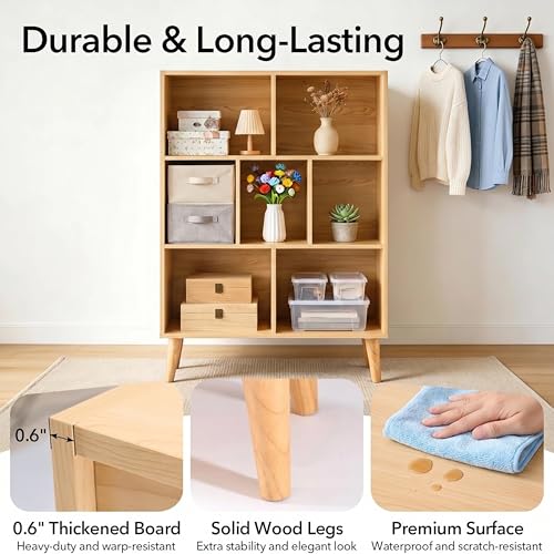 Image of HealSmart 7 Cube Storage Organizer, 3 Tier Bookshelf with Legs, Free Standing Cube Bookcase for Living Room, Bedroom, Office, Wood
