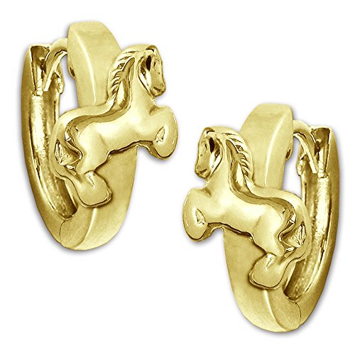 Clever Schmuck - Pendientes para niños (12 mm de diámetro, plata de ley 925), diseño de caballo en bisagra, color dorado