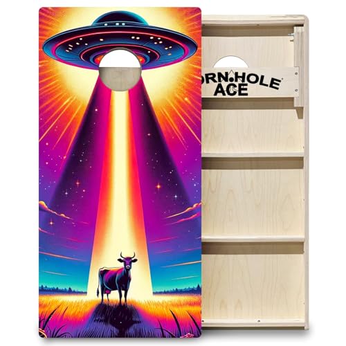 CornholeAce PRO Neon UFO | Professional Cornhole Board Set, No Bounce! Triple Wide Legs, 3/4in Baltic Birch Plywood, Regulation Size, Tournament Style, American Official, Made in USA