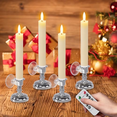 Image of Wondise Flameless Window Candles with Remote Timer, 7 inch Battery Operated 3D Wick Real Wax LED Flickering Taper Candles for Christmas Decoration, Removable Silver Holder and Suction Cups Included 4Pack