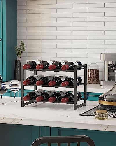 OROPY Wine Rack Countertop, 12 Bottle Wine Racks for Wine Bottles Storage Display, 3 Tier Metal Wine Holder Free Standing Floor Black