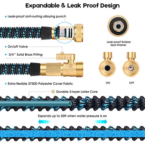 Amayrose 50ft Garden Hose Expandable Water Hose with 9 Function Nozzle, Leakproof Expanding Flexible Outdoor Yard Hose with Solid Brass Fittings, Extra Strength 3750D Durable Car Wash Hose Pipe (50ft)