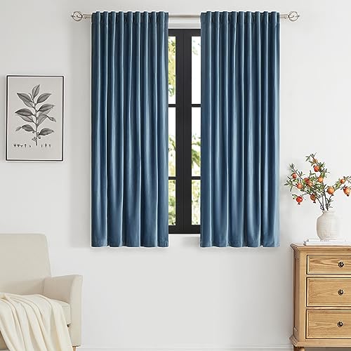 Image of PRIMROSE Velvet Curtains 63 inch Long for Living Room,Set of 2 Panels Stone Grayish Blue Blackout Rod Pocket Back Tab Window Treatment Room Darkening Heavy Decorative Curtains Drapes for Bedroom