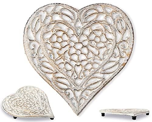 Cast Iron Heart Trivet Decorative Cast Iron Trivet for Kitchen Countertop Or Dining Table Vintage Design 675X65 with Rubber PegsFeet Recycled Metal Rustic White Color