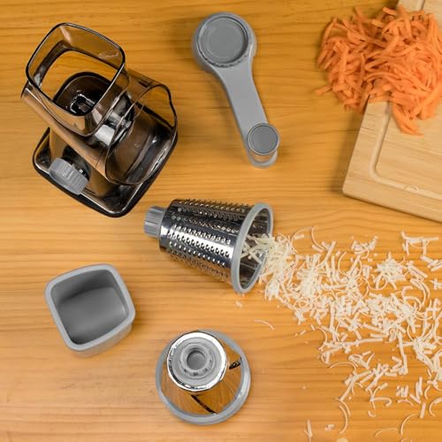 Image of Badelite Cheese Grater Hand Crank Rotating Cheese Shredder Stainless Steel Vegetable Slicer Grater for Kitchen 3 Blades for Cheese, Carrot, Cucumber, Nuts, Chocolate, Dark Grey