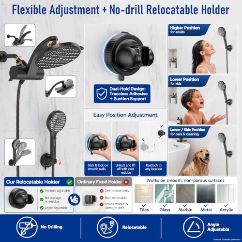 Image of Veken Filtered Shower Head with Handheld, Multi-pattern Rain Showerhead Set | High Pressure Power Wash, Dual Showerheads Combo with One Filter, 9-Function Hand Held Sprayer,Detachable, Matte Black