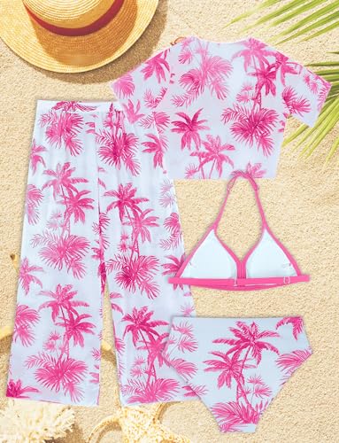 Girl’s 4 Piece Swimsuit Tropical Print Bathing Suit Halter Bikini Set Short Sleeve Top and Cover Up Pant2