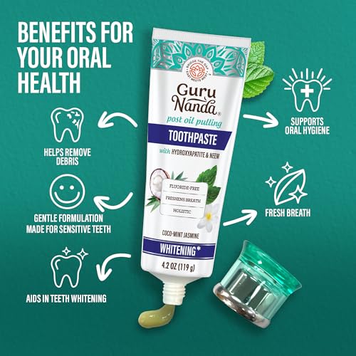 gurunanda hydroxyapatite toothpaste sls amp fluoride free whitening toothpaste with tongue scraper amp squeezer - freshens breath fights plaque - natural cocomint jasmine neem 42oz