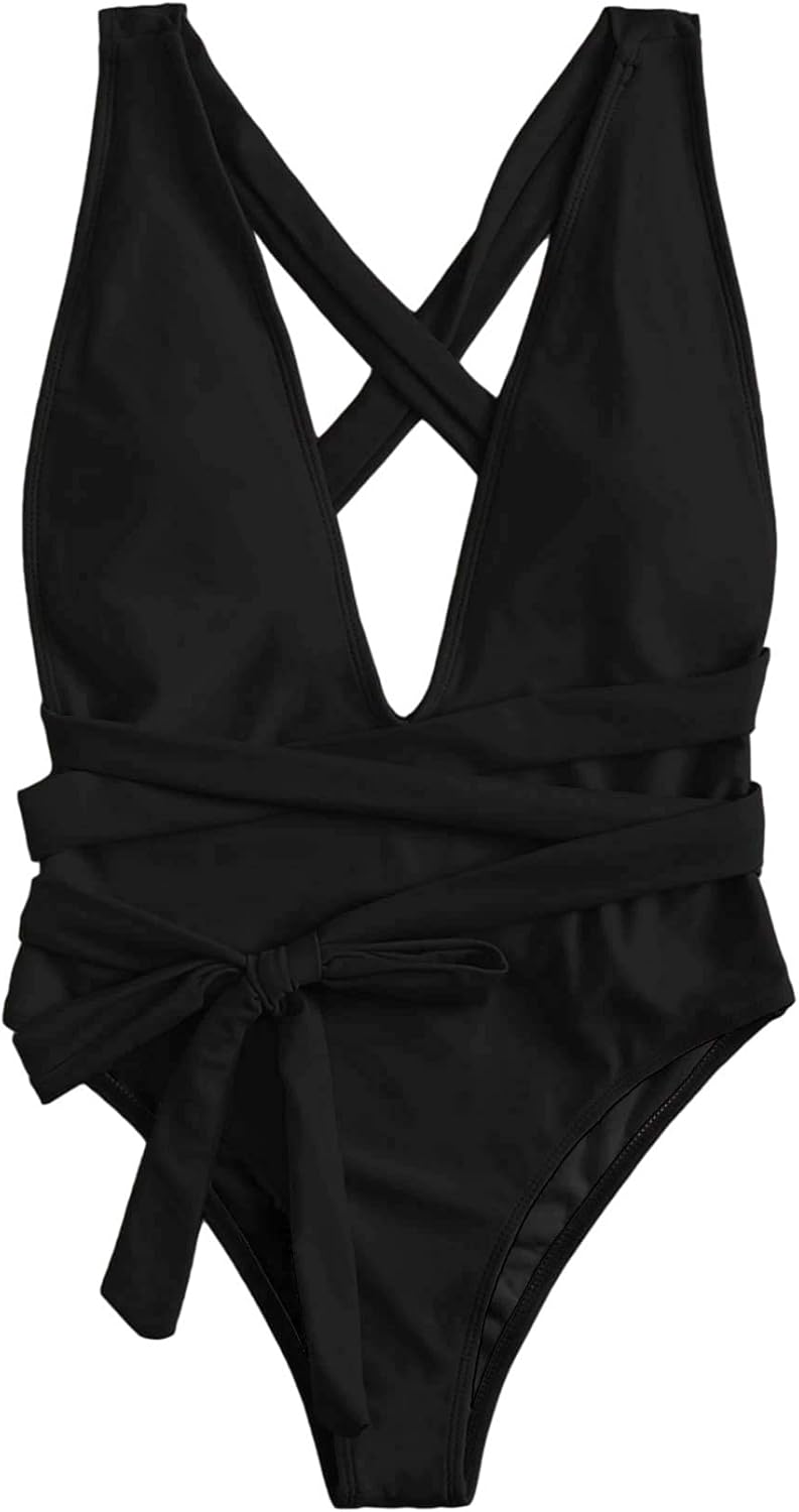 Lilosy Sexy Tie Criss Cross Plunge One Piece Thong Swimsuit High Cut Brazilian Bathing Suit