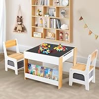 Asweets Kids Table and Chair Set,4 in 1 Toddler Desk with Storage Drawer,Wooden Activity Table for 2 in 1 Detachable Tabletop,Bookshelf,Suitable for Classroom,Home,Nursery,Playroom