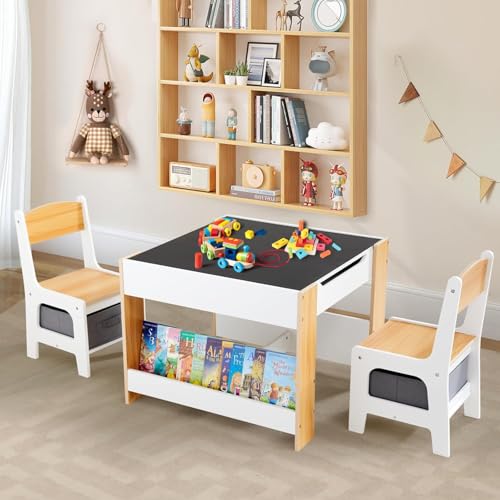Image of Asweets Kids Table and Chair Set,4 in 1 Toddler Desk with Storage Drawer,Wooden Activity Table for 2 in 1 Detachable Tabletop,Bookshelf,Suitable for Classroom,Home,Nursery,Playroom (Pure White)