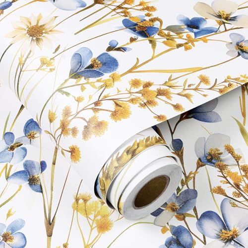 Papier peint adhésif bleu et blanc or pour masquer défauts muraux