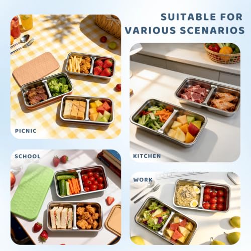 Image of 15 oz Snack Containers for Kids, Stainless Steel Lunch Box 3 Pack | Reusable Food Containers with Silicone leak resistant Lids. Perfect for School Lunch, Daycare, Travel and Portion Control
