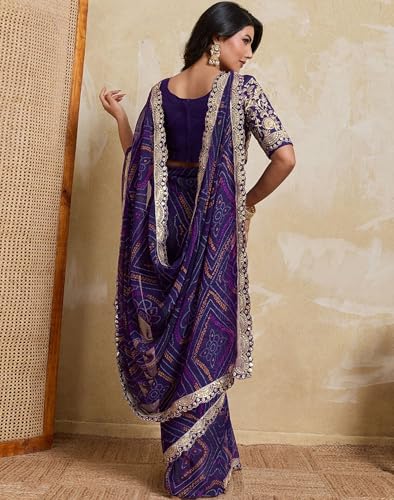 Image of SIRIL Women's Georgette Sequins Embroidery Printed Bandhani Saree with Unstitched Blouse Piece