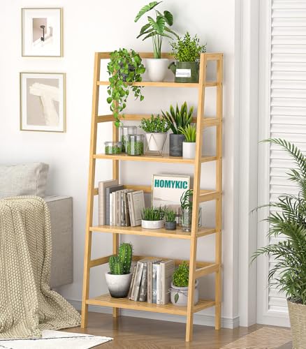 Homykic Ladder Shelf, 4-Tier Bamboo Ladder Bookshelf...