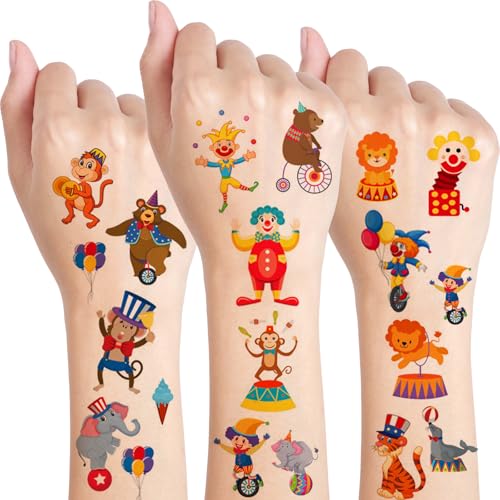 Qpout 10 hojas de tatuajes de circo para niños, lindas pegatinas de circo para fiestas de cumpleaños, carnaval, recompensas en el aula para niños y niñas