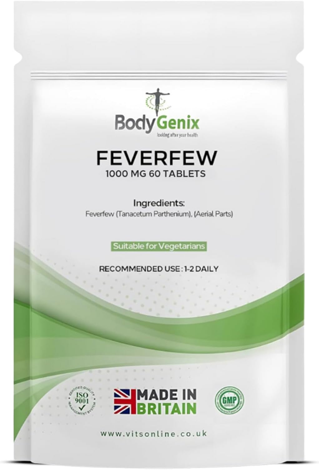 Bodygenix Feverfew 1000mg Tablets - Headaches Relief Joints Health Anti Inflammatory Natural Supplement - 60 Tablets 2 Month Supply