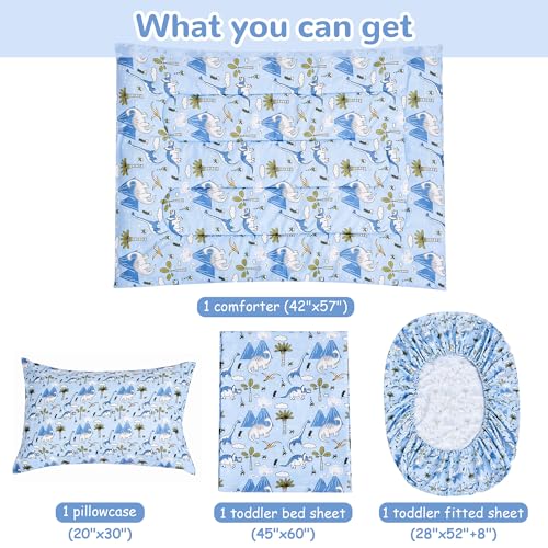 Image of lasoftan Dinosaur Toddler Bedding Set for Boys, 4 Piece Bed-in-a-Bag Toddler Comforter Sets, Super Soft and Comfortable Microfiber Todeeler Bed Set