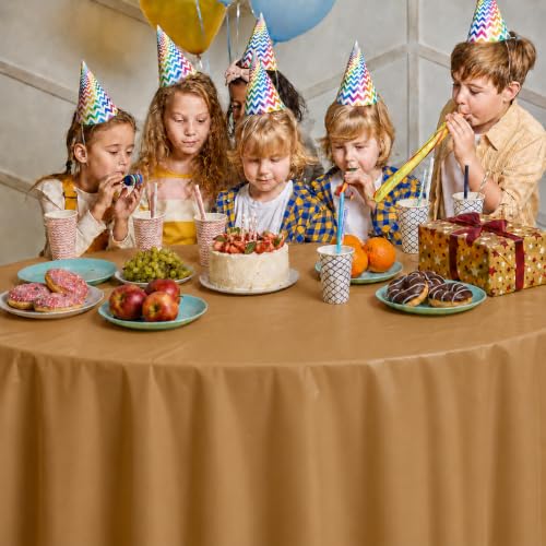 Image of Party Dimensions Gold Disposable Plastic Tablecloth for Round Tables (12 Pack) 84 inches Table Cloths for Parties, Events & Weddings, Indoors & Outdoors, Plastic Table Cover