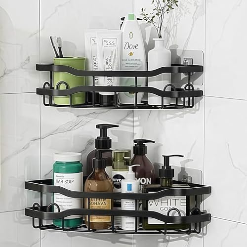 Estanteria Baño sin Taladro 2 Piezas, Rinconera Ducha con 8 Ganchos, Estanteria Ducha sin Taladro para Almacenamiento Champú y Gel Ducha, Estante Ducha sin Taladro Adhesivo, Organizador Baño Negro