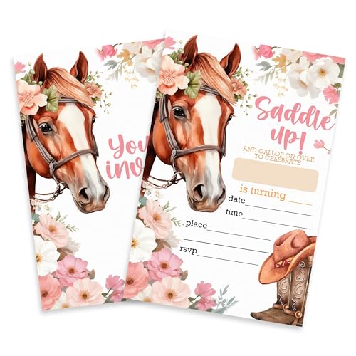Vodbok Saddle Up! Invitations For Birthday,20 Double Sided Fill In Floral Horse Birthday Invites With Envelopes For Western Cowgirl Birthday, Party Supplies and Decorations - 005